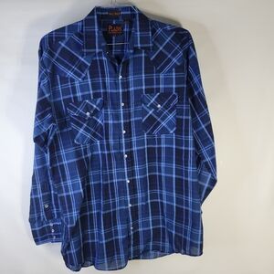 Mens Plains western wear Plaid Pearl snap Poly Cotton Blue Size Large Tall